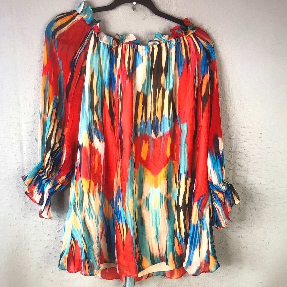 Vintage Collection Multicolor Ruffle-Neck Peasant Blouse Vibrant Abstract Print - Picture 2 of 11